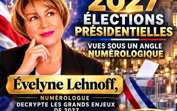 Élection présidentielle 2027 vue sous l’angle de la numérologie : Evelyne Lehnoff, numérologue, devant une urne tricolore et un palais illuminé