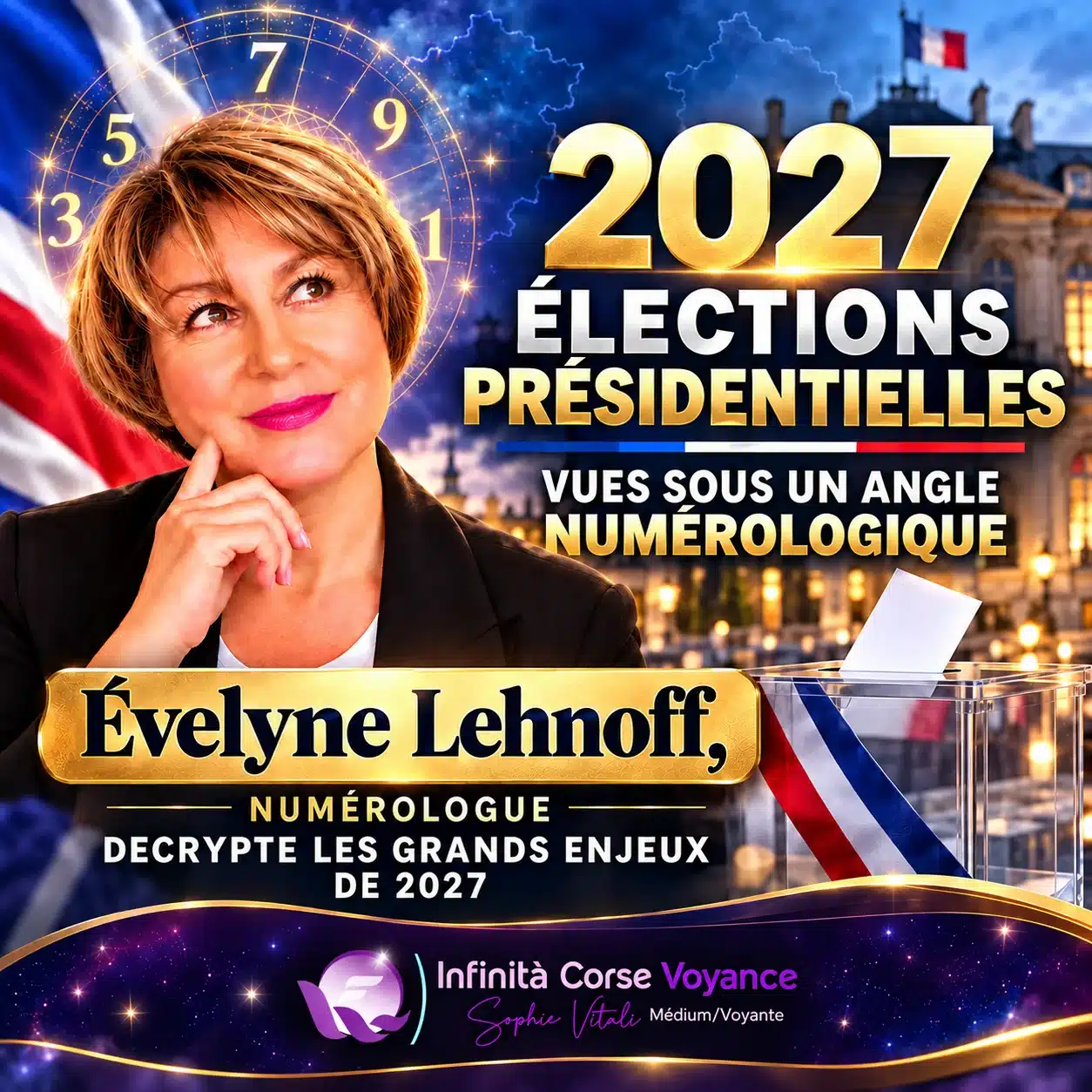 Élection présidentielle 2027 vue sous l’angle de la numérologie : Evelyne Lehnoff, numérologue, devant une urne tricolore et un palais illuminé
