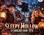Sleepy Hollow, le cavalier sans tête poursuivant Ichabod Crane sur le pont près de l’église, citrouille enflammée à la main, avec Sophie Vitali et Didier Santiago tenant des lanternes