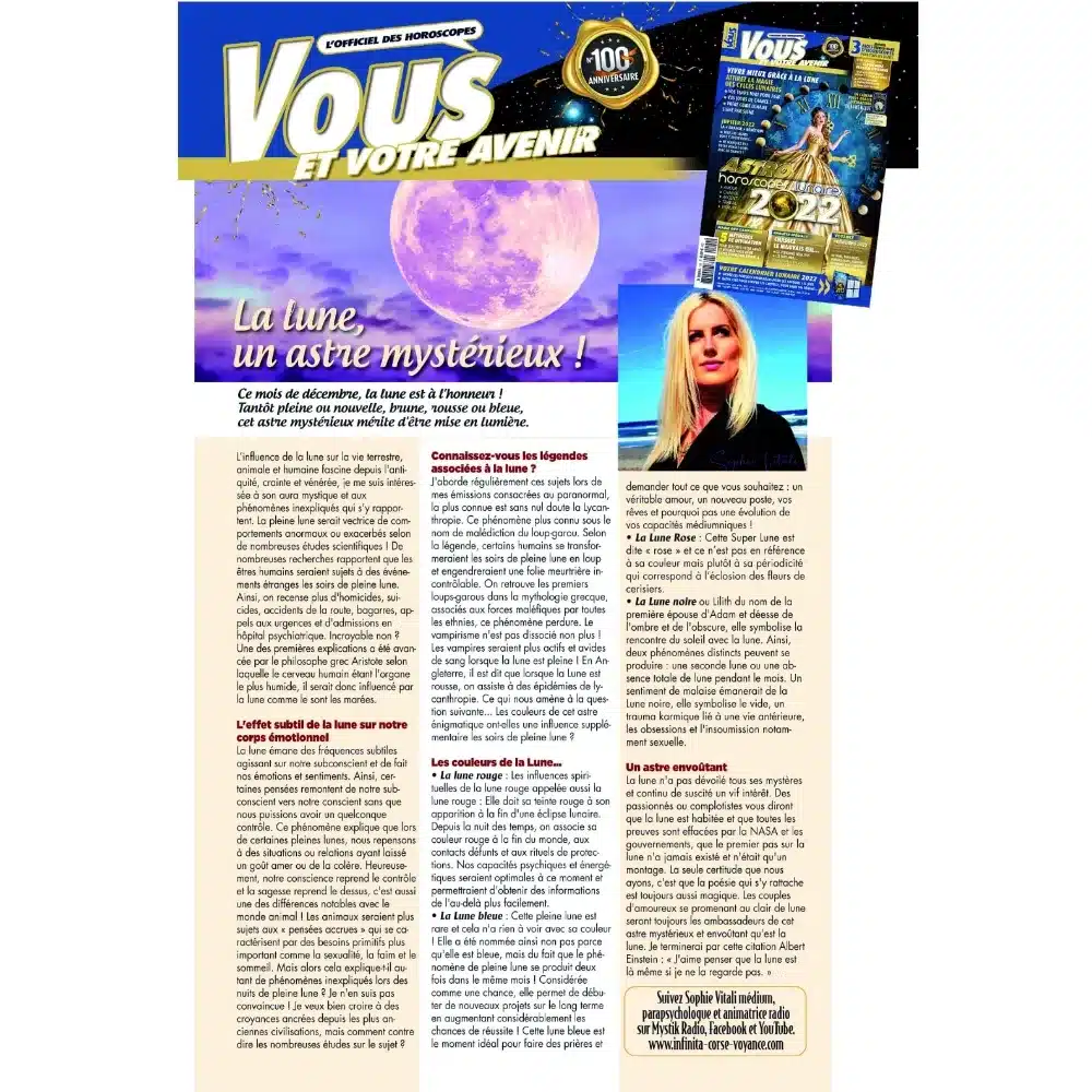 Page du magazine Vous et votre avenir avec la chronique de Sophie Vitali « La lune, un astre mystérieux », qui évoque la lycanthropie et la pleine lune