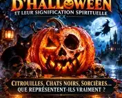 Symboles d’Halloween et leur signification spirituelle : citrouille Jack-o’-lantern éclairée, chat noir, sorcière sur son balai et chauves-souris sous la pleine lune, par Sophie Vitali, médium