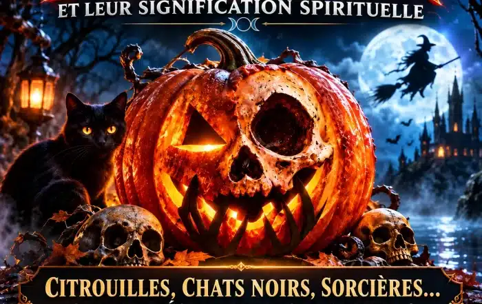 Symboles d’Halloween et leur signification spirituelle : citrouille Jack-o’-lantern éclairée, chat noir, sorcière sur son balai et chauves-souris sous la pleine lune, par Sophie Vitali, médium