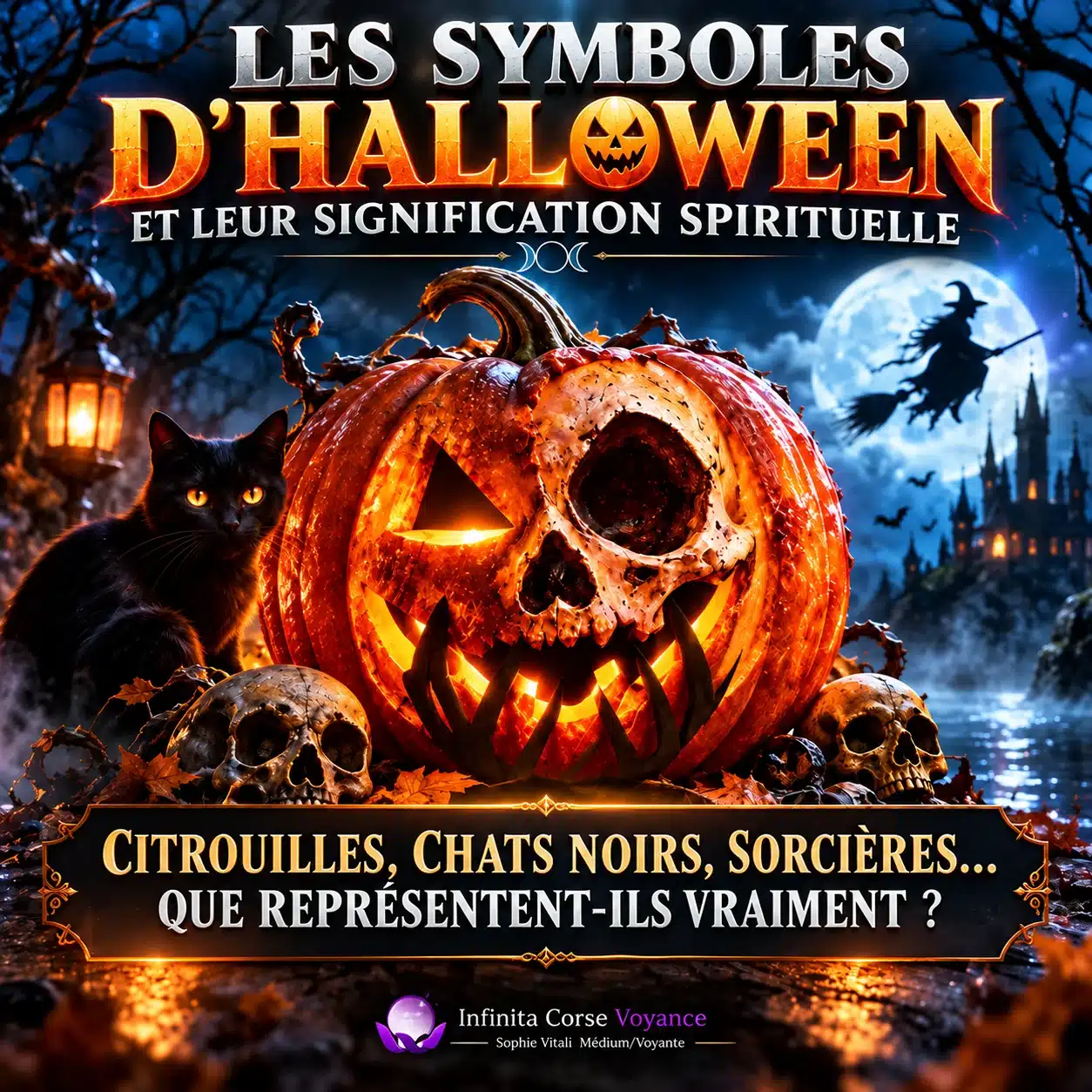 Symboles d’Halloween et leur signification spirituelle : citrouille Jack-o’-lantern éclairée, chat noir, sorcière sur son balai et chauves-souris sous la pleine lune, par Sophie Vitali, médium