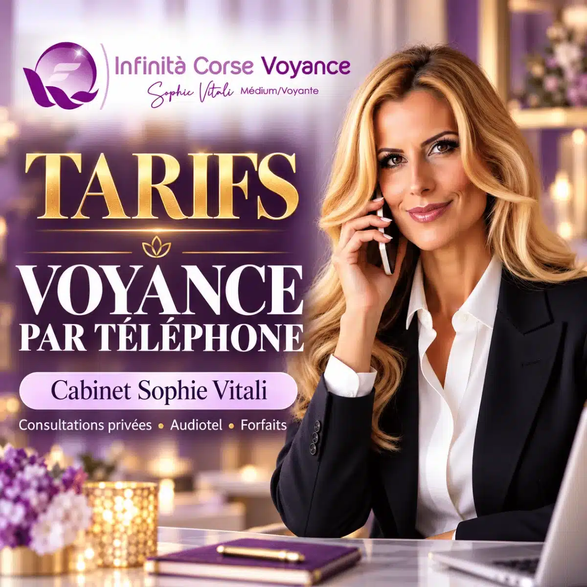Tarifs de la voyance par téléphone du cabinet de Sophie Vitali : Sophie Vitali souriante au téléphone dans son bureau, avec la mention consultations privées, audiotel et forfaits