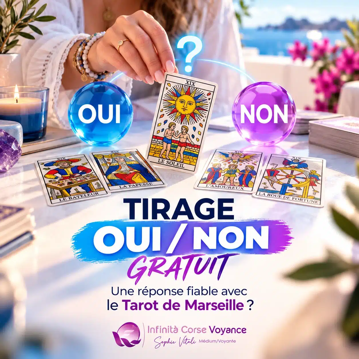 Tirage oui non gratuit au tarot de Marseille : une main tire la carte du Soleil entre une sphère Oui et une sphère Non, Infinità Corse Voyance