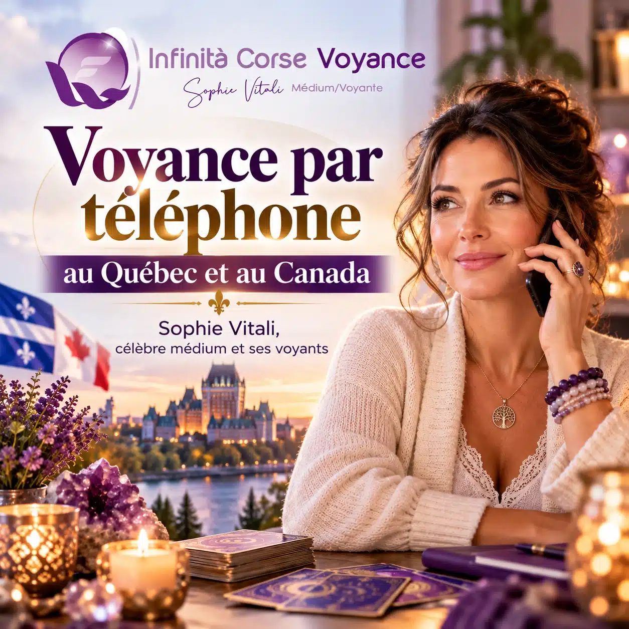 Voyance par téléphone au Québec et au Canada avec Sophie Vitali et ses voyants : consultante au téléphone devant le Château Frontenac, drapeaux du Québec et du Canada