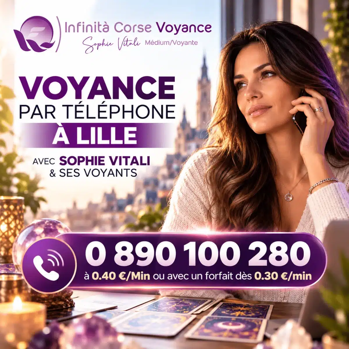 Voyance par téléphone à Lille avec Sophie Vitali, médium et experte du paranormal, et ses voyants : 0890 100 280, 0,40 € la minute plus le prix d’un appel, sans carte bancaire