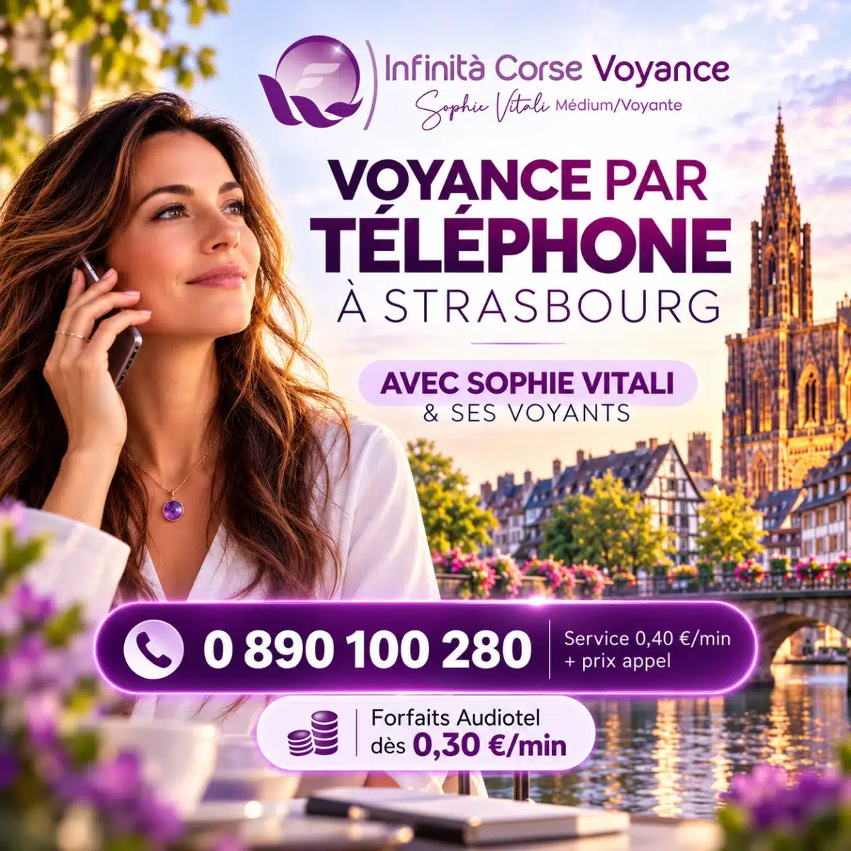 Voyance par téléphone à Strasbourg avec Sophie Vitali, médium et experte du paranormal, et ses voyants : 0890 100 280, 0,40 € la minute plus le prix d’un appel, sans carte bancaire