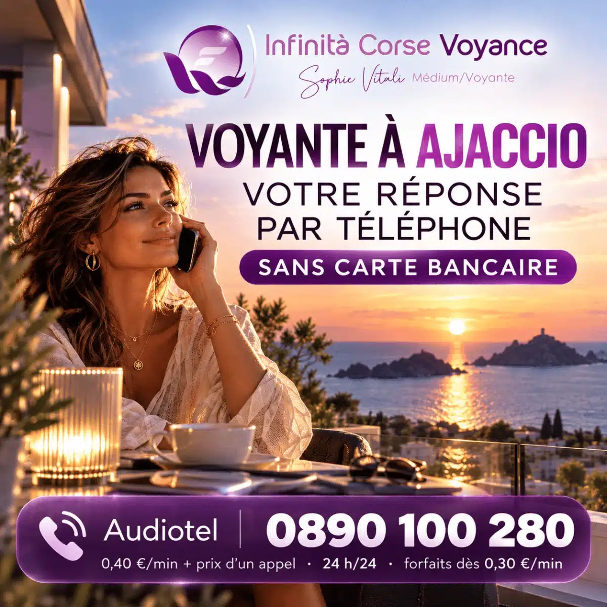 Voyante à Ajaccio par téléphone : une femme consulte une voyante depuis sa terrasse face à la baie d’Ajaccio et aux îles Sanguinaires au coucher du soleil, cabinet Infinità Corse Voyance de Sophie Vitali, audiotel 0890 100 280 sans carte bancaire, dès 0,30 €/min